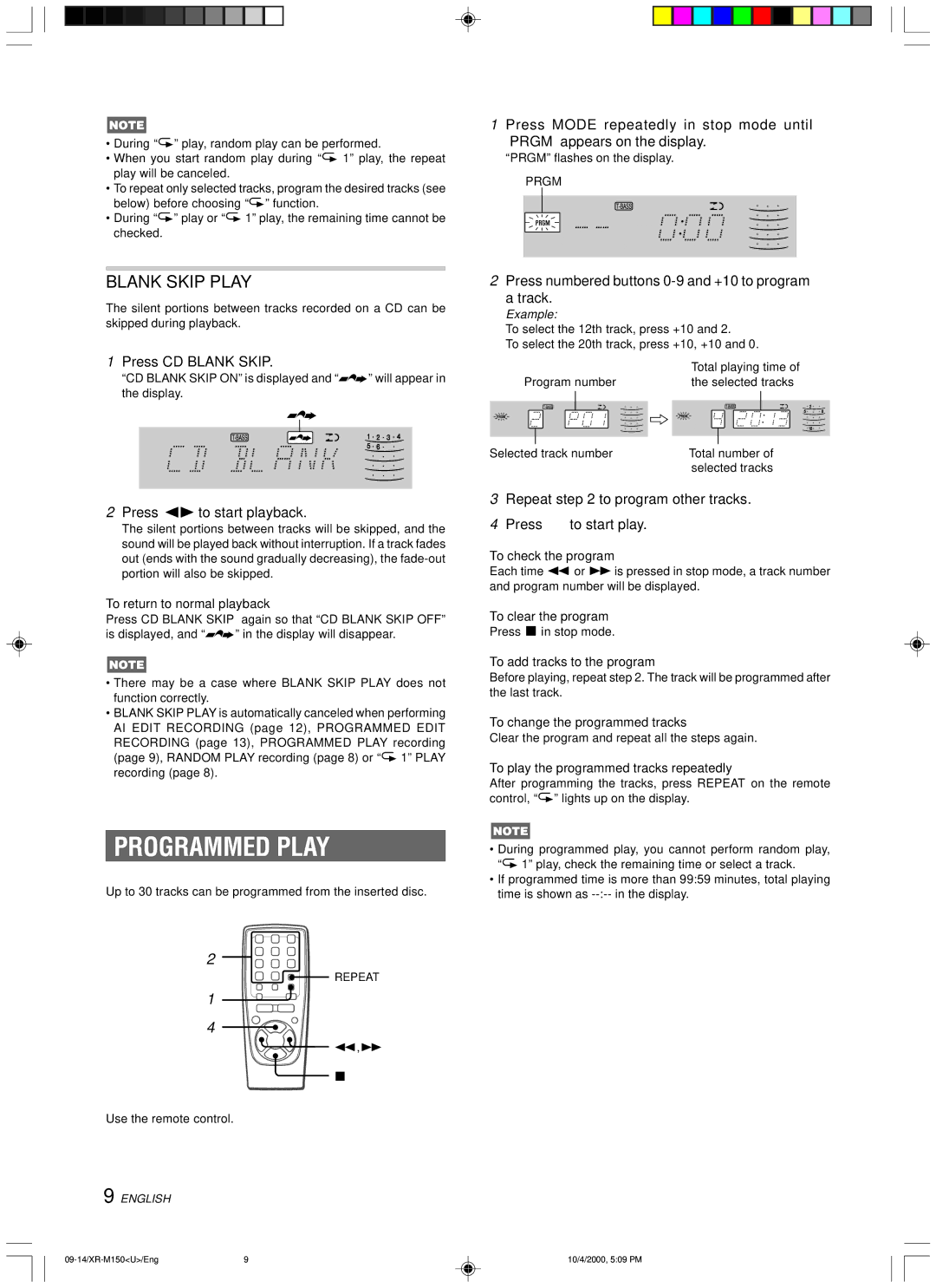 Aiwa XR-M150 manual Programmed Play, Blank Skip Play 