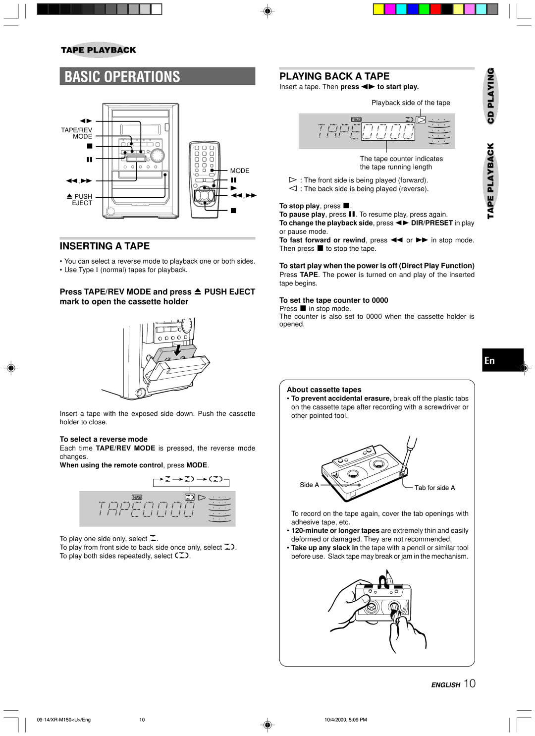 Aiwa XR-M150 manual Playing Back a Tape, Inserting a Tape, Playback 