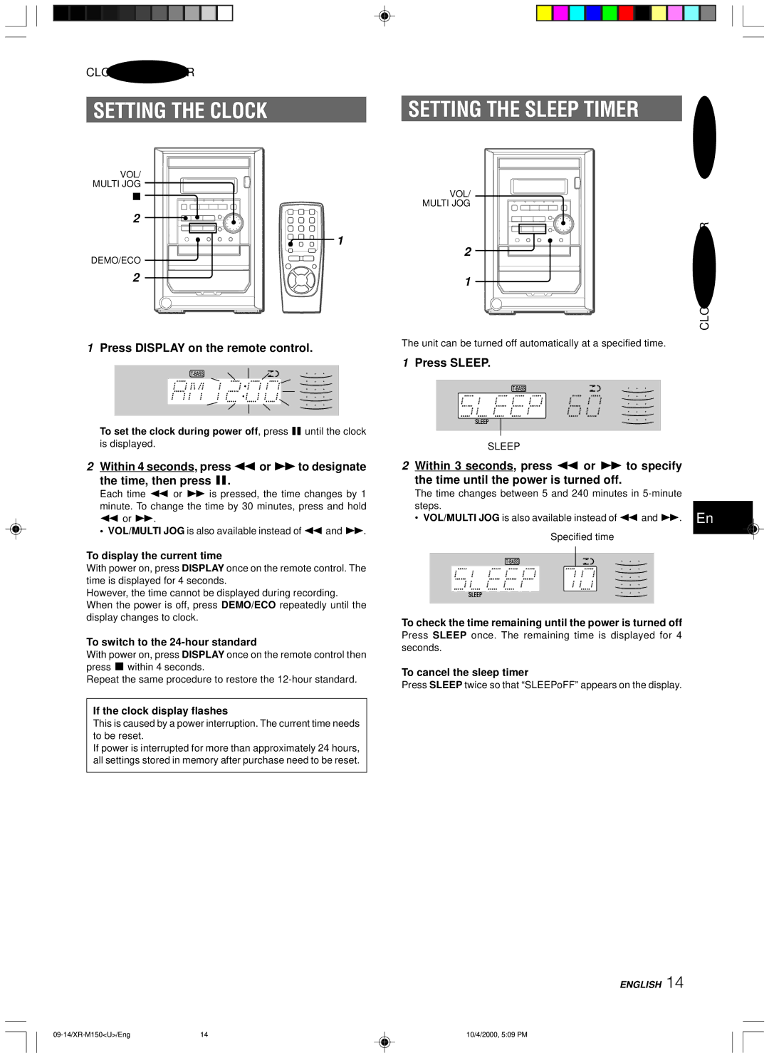 Aiwa XR-M150 manual Setting the Clock, Press Display on the remote control, Timer, Press Sleep 