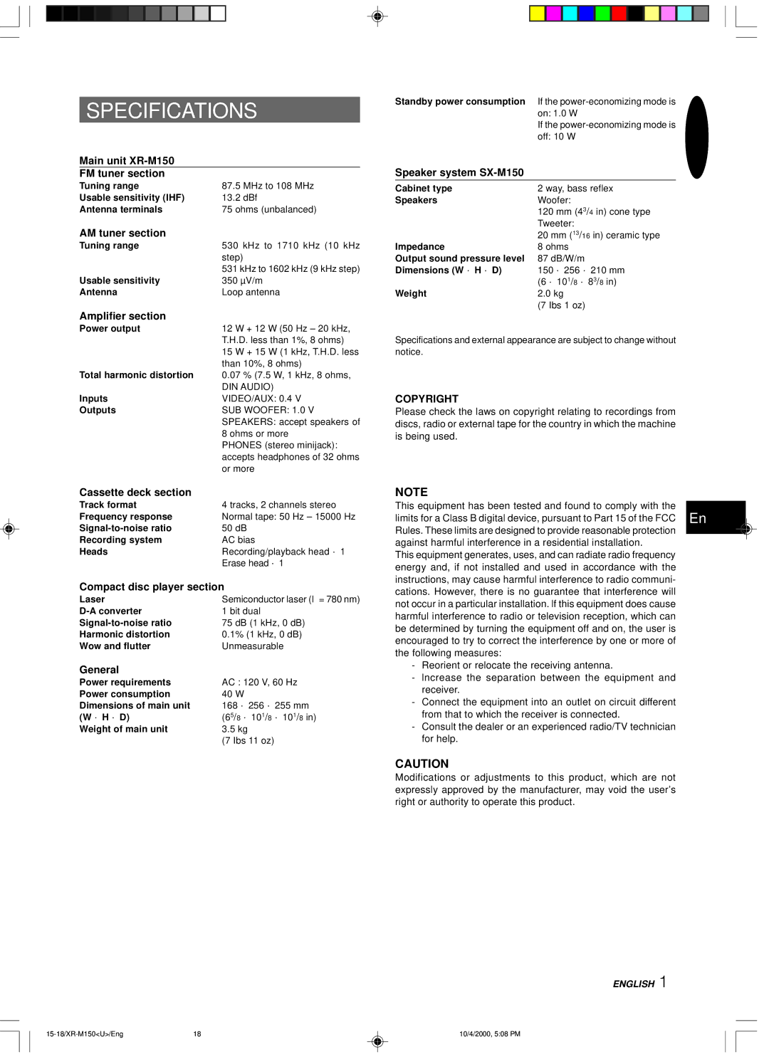 Aiwa XR-M150 manual Specifications 