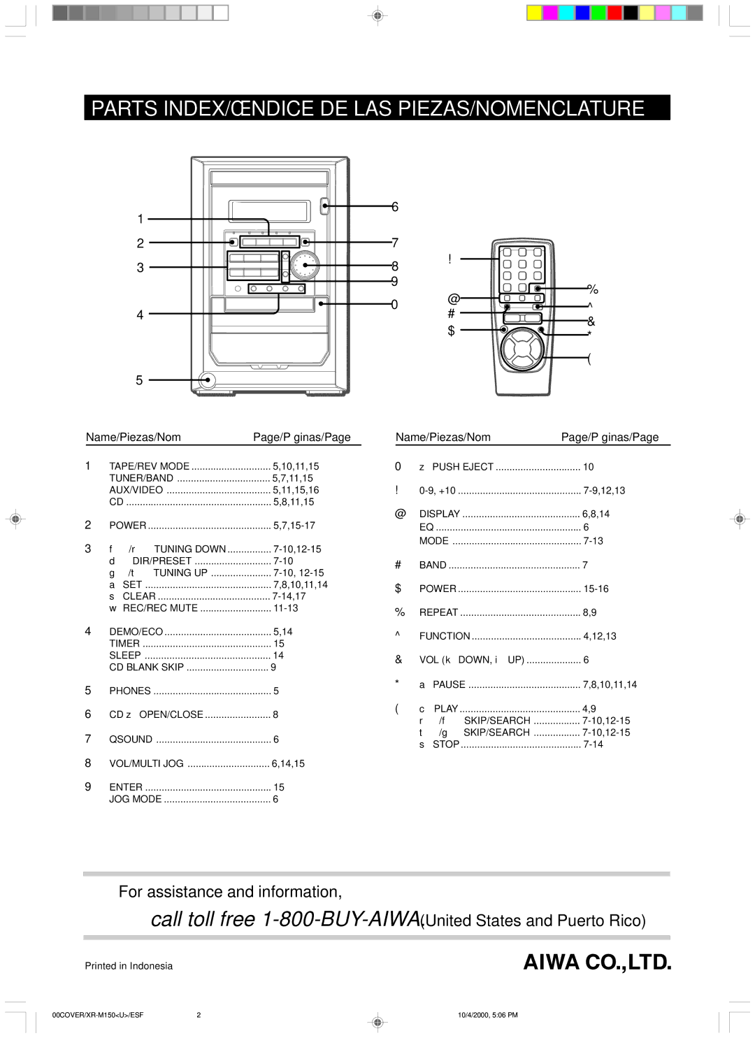 Aiwa XR-M150 manual Name/Piezas/Nom Page/Páginas/Page 