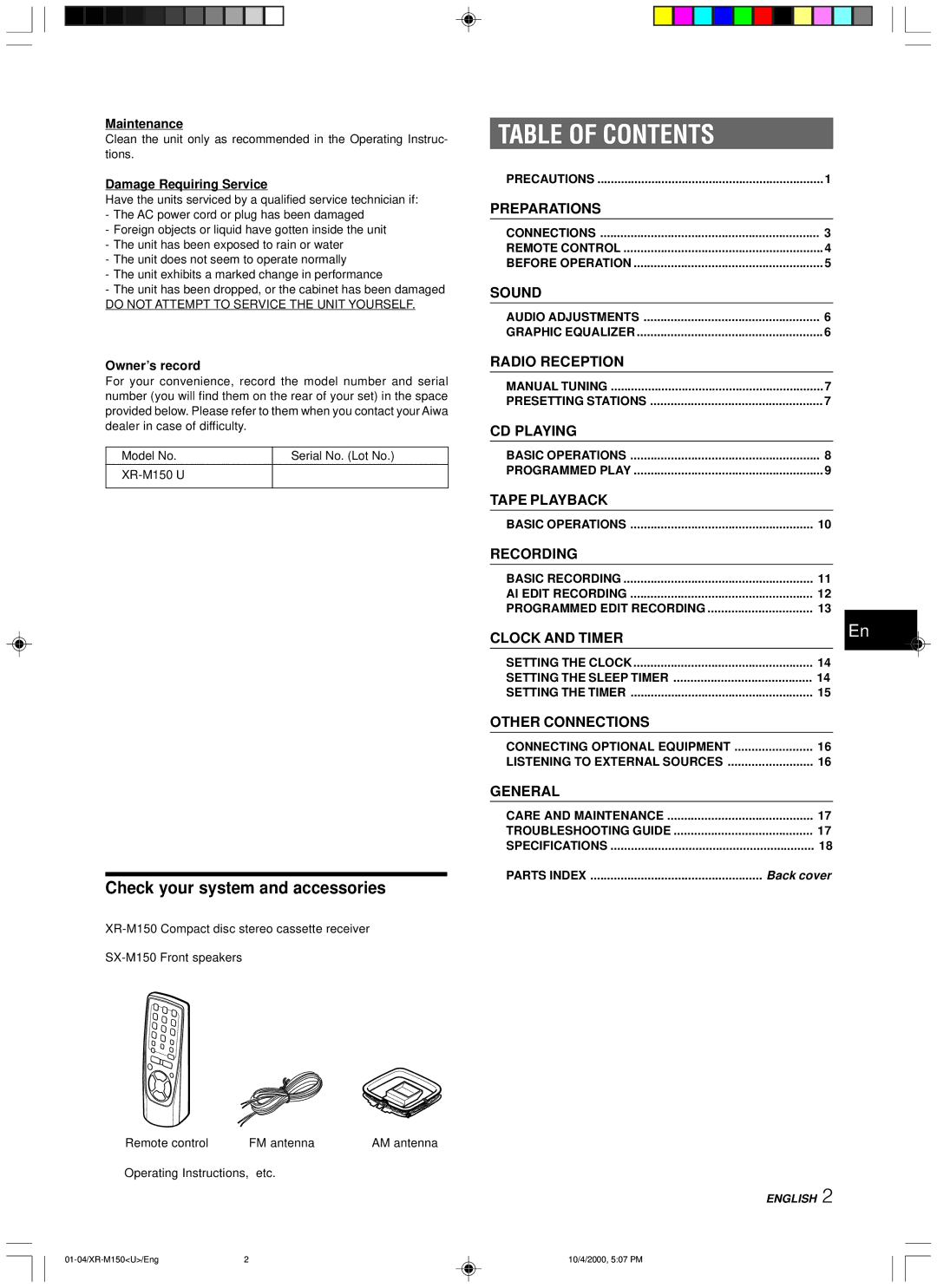 Aiwa XR-M150 manual Table of Contents 