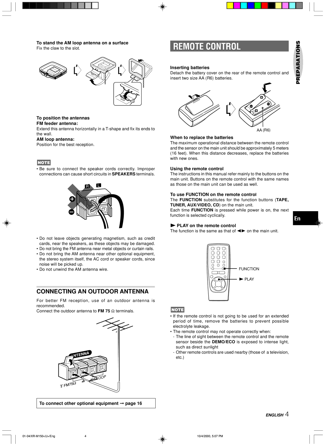 Aiwa XR-M150 manual Remote Control, Connecting AN Outdoor Antenna 