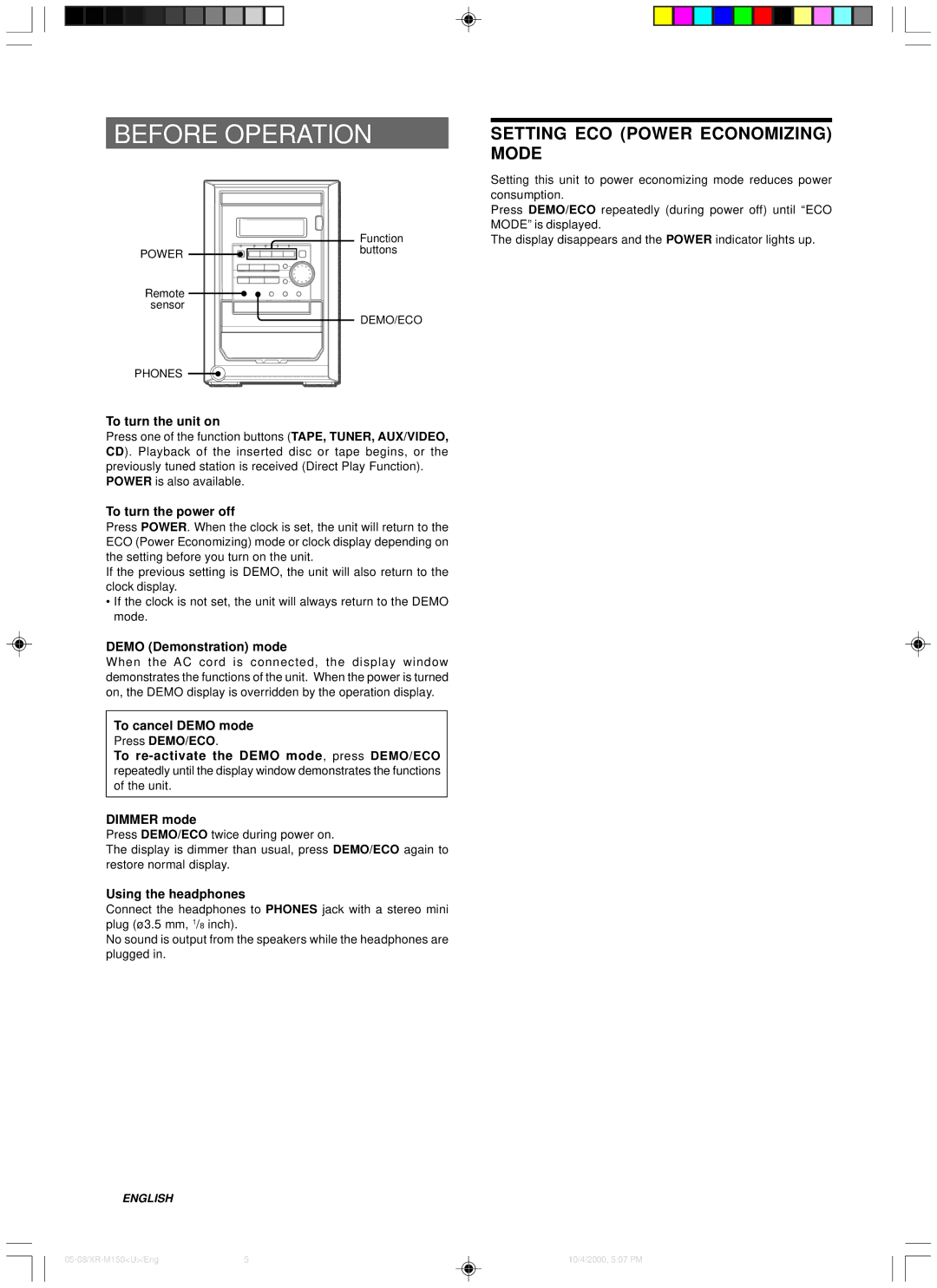 Aiwa XR-M150 manual Before Operation, Setting ECO Power Economizing Mode 