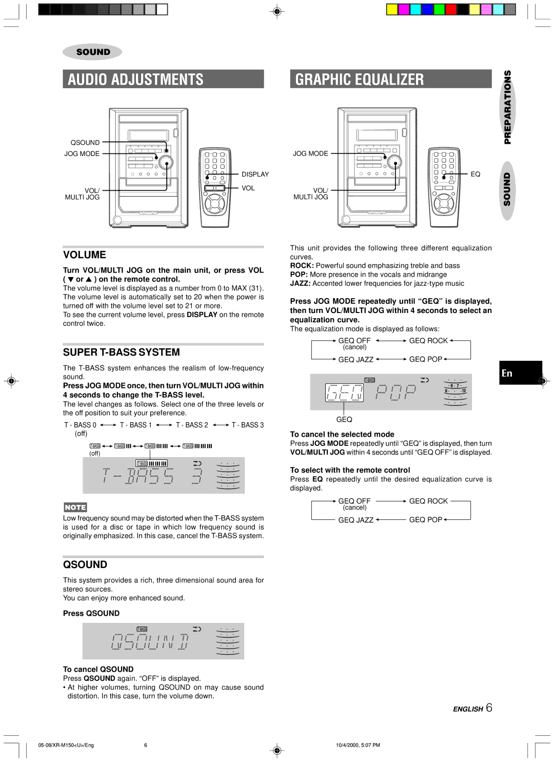 Aiwa XR-M150 manual Audio Adjustments, Volume, Super T-BASS System, Qsound 