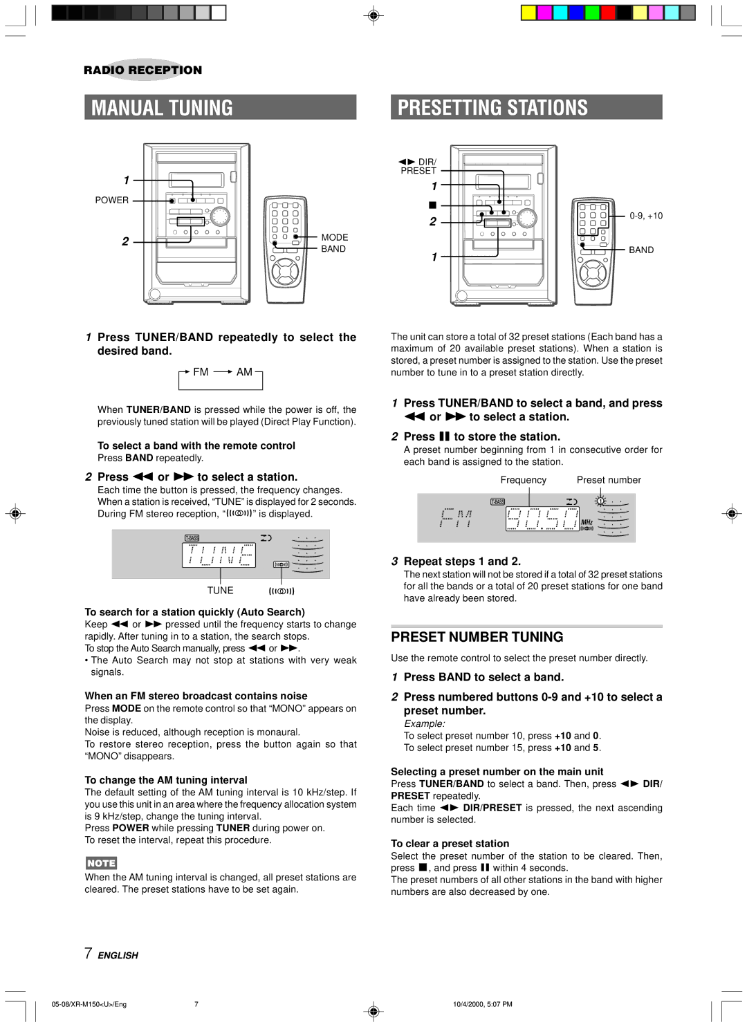 Aiwa XR-M150 manual Manual Tuning, Presetting Stations, Preset Number Tuning 