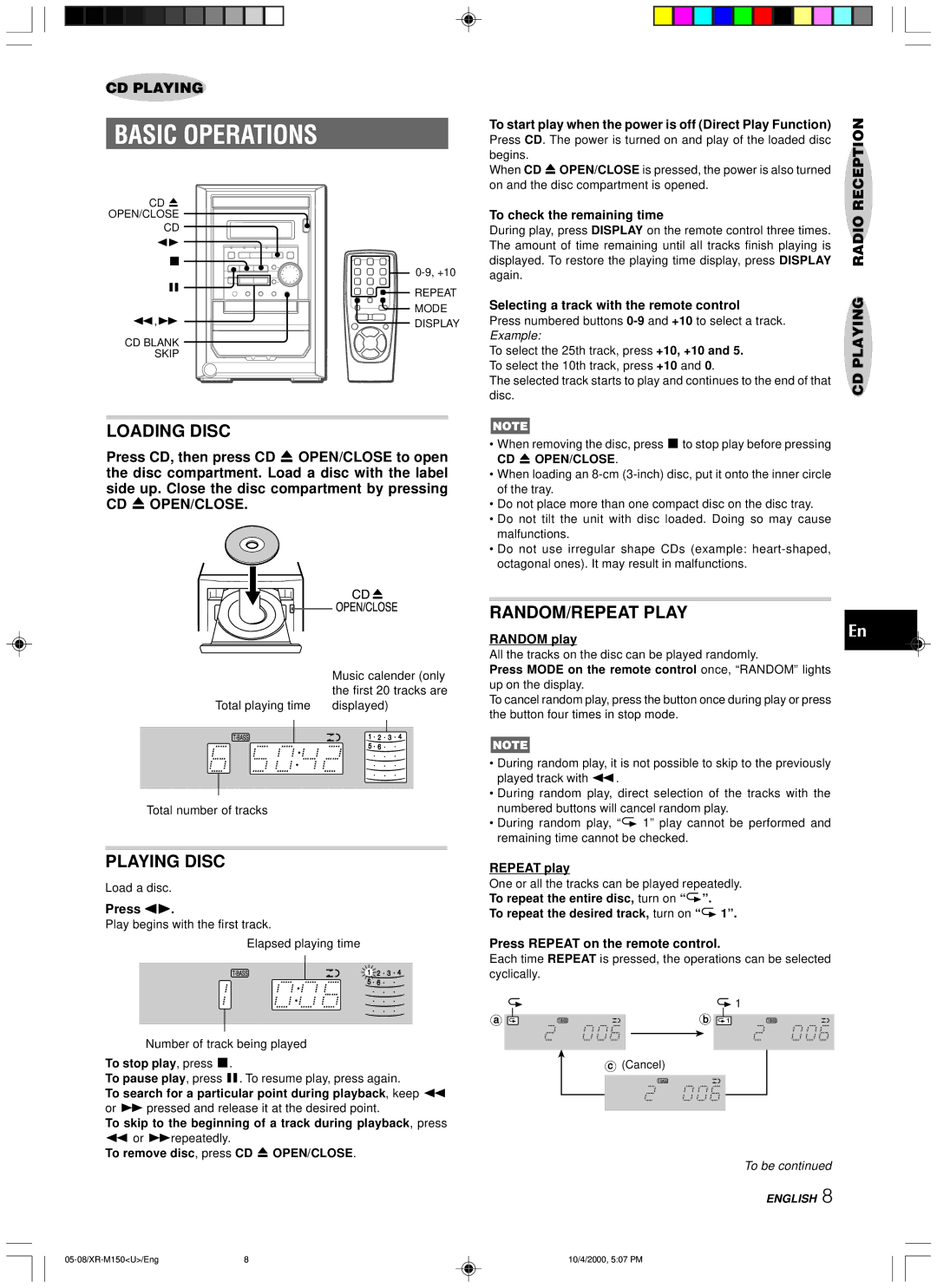 Aiwa XR-M150 manual Basic Operations, Loading Disc, Playing Disc, RANDOM/REPEAT Play 