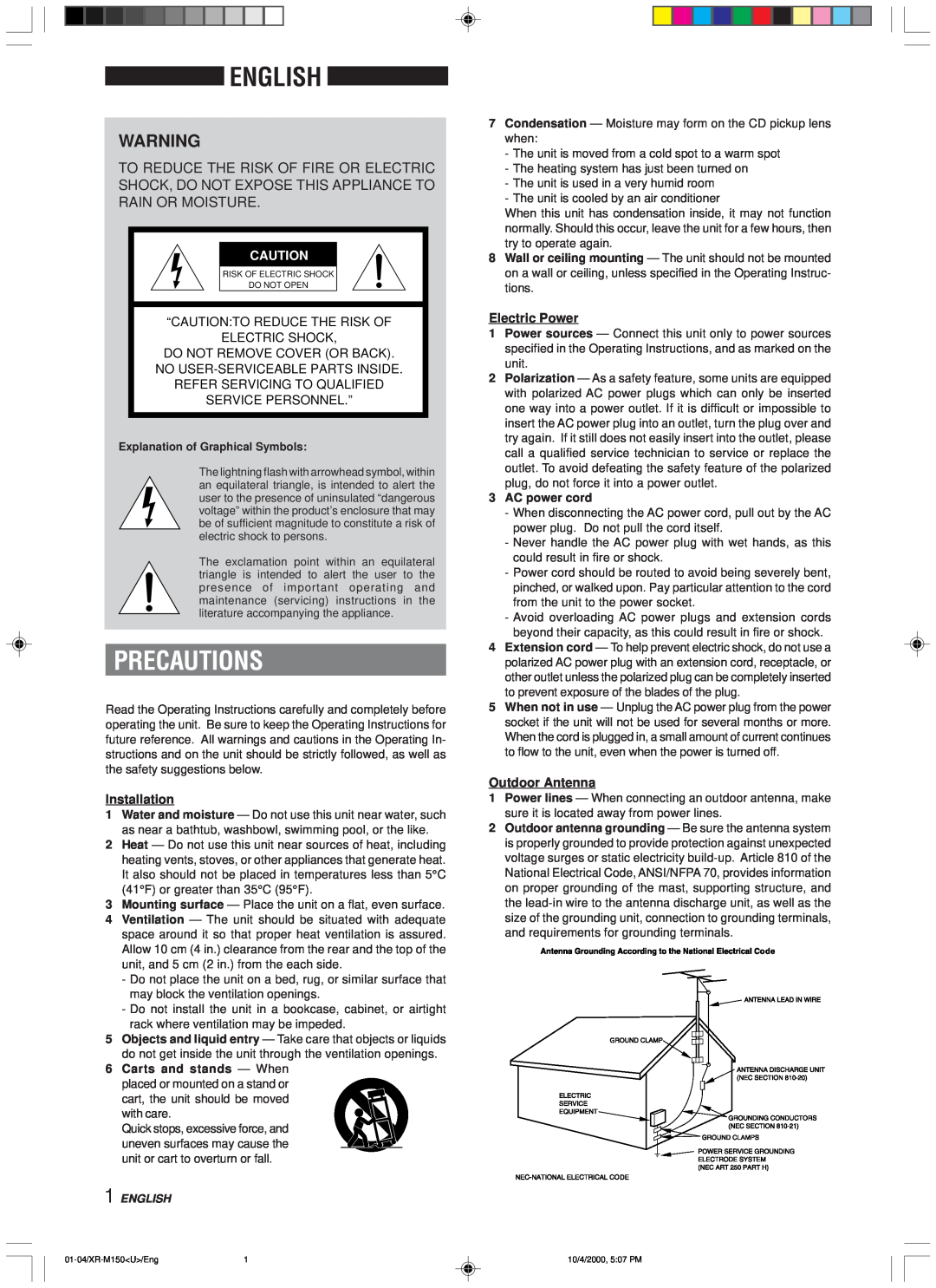 Aiwa XR-M150 Precautions, “Caution To Reduce The Risk Of Electric Shock, Installation, Electric Power, Outdoor Antenna 