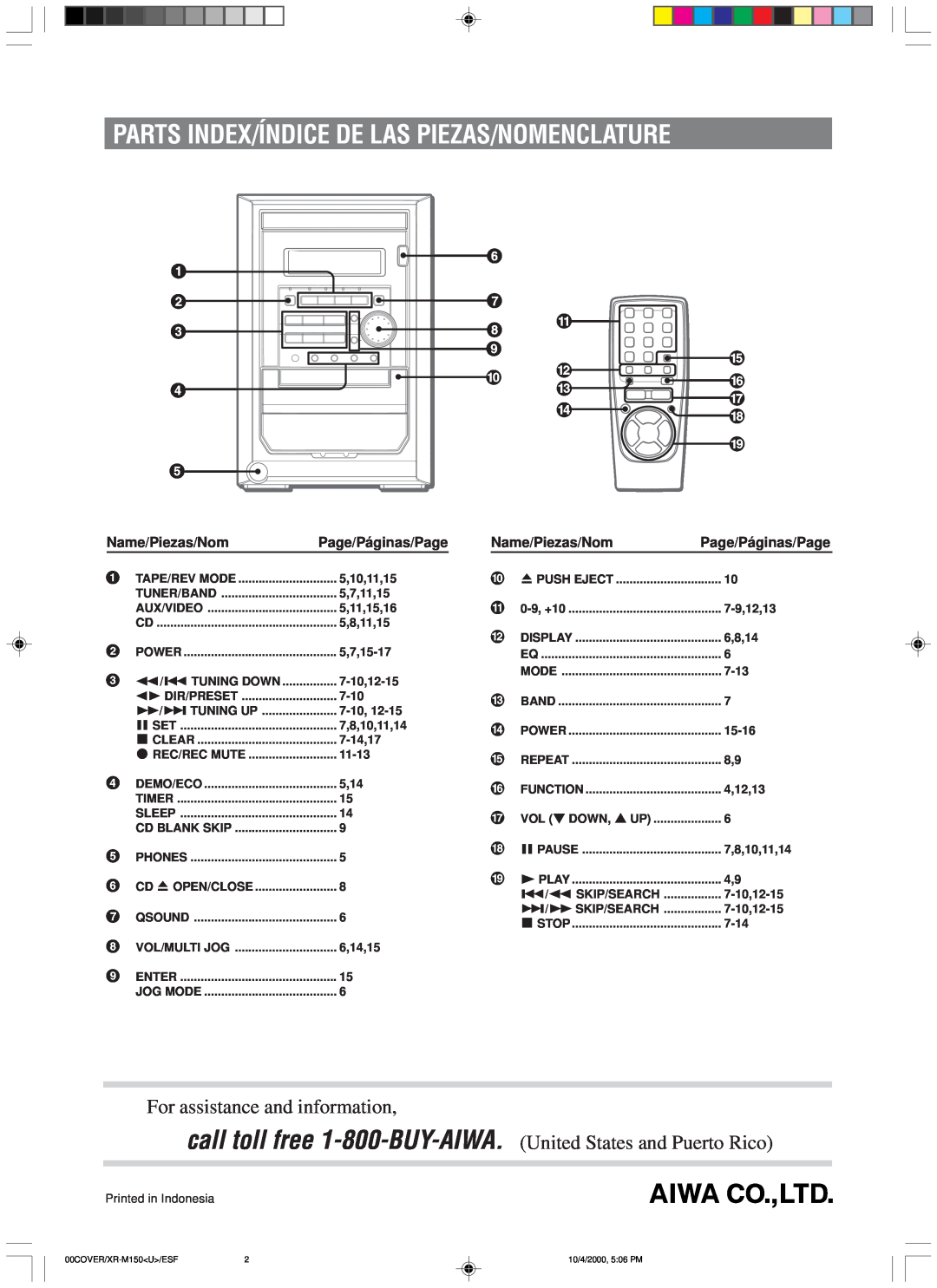 Aiwa XR-M150 manual Parts Index/Índice De Las Piezas/Nomenclature, For assistance and information 