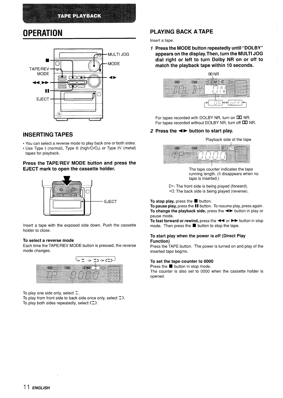 Aiwa XR-M35 manual Inserting Tapes, Playing Back a Tape, Use Type I normal, Type II high/CrOd OrTwe Iv metal 