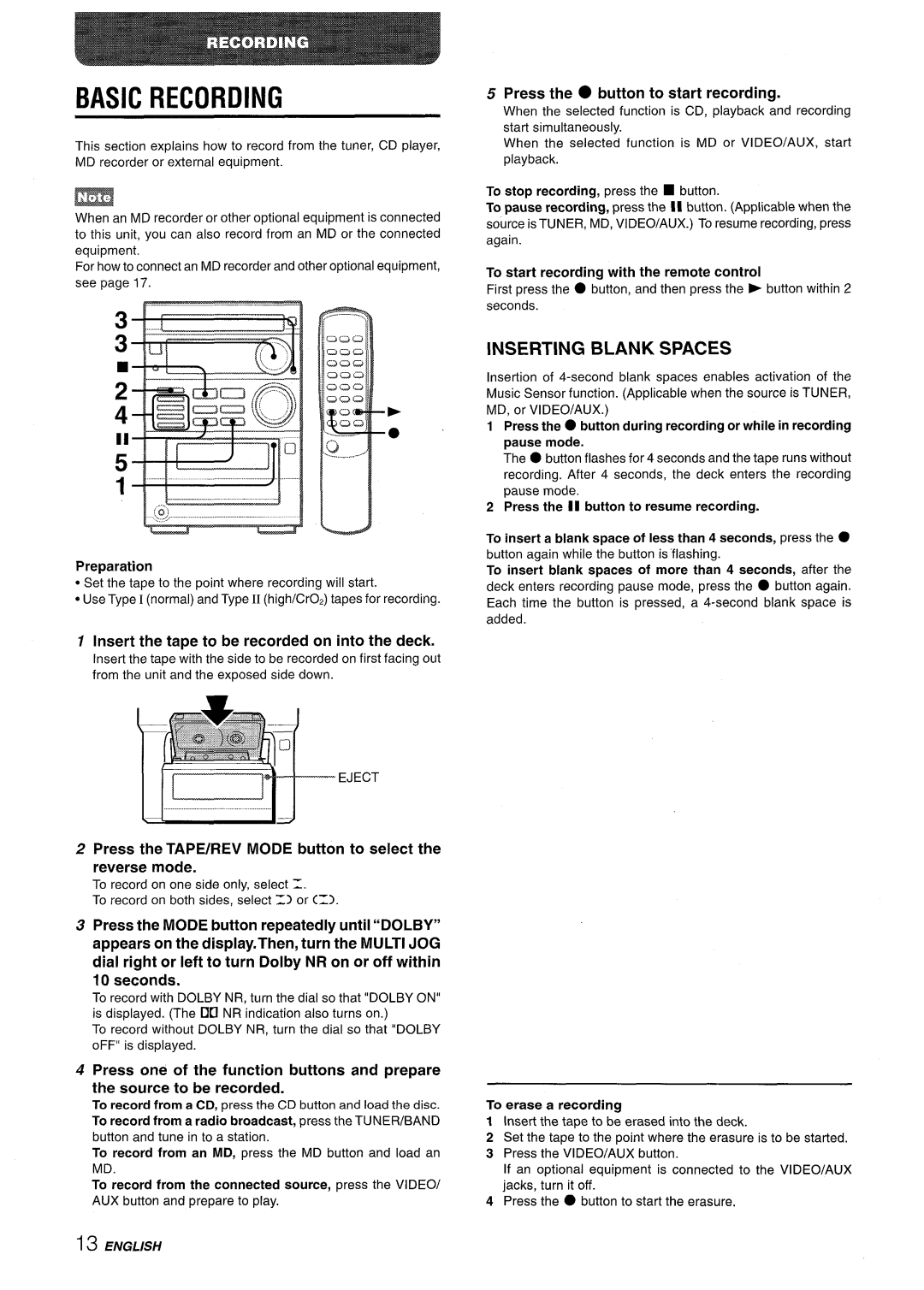 Aiwa XR-M35 manual Basic Recording, Inserting Blank Spaces, Press the button to start recording 