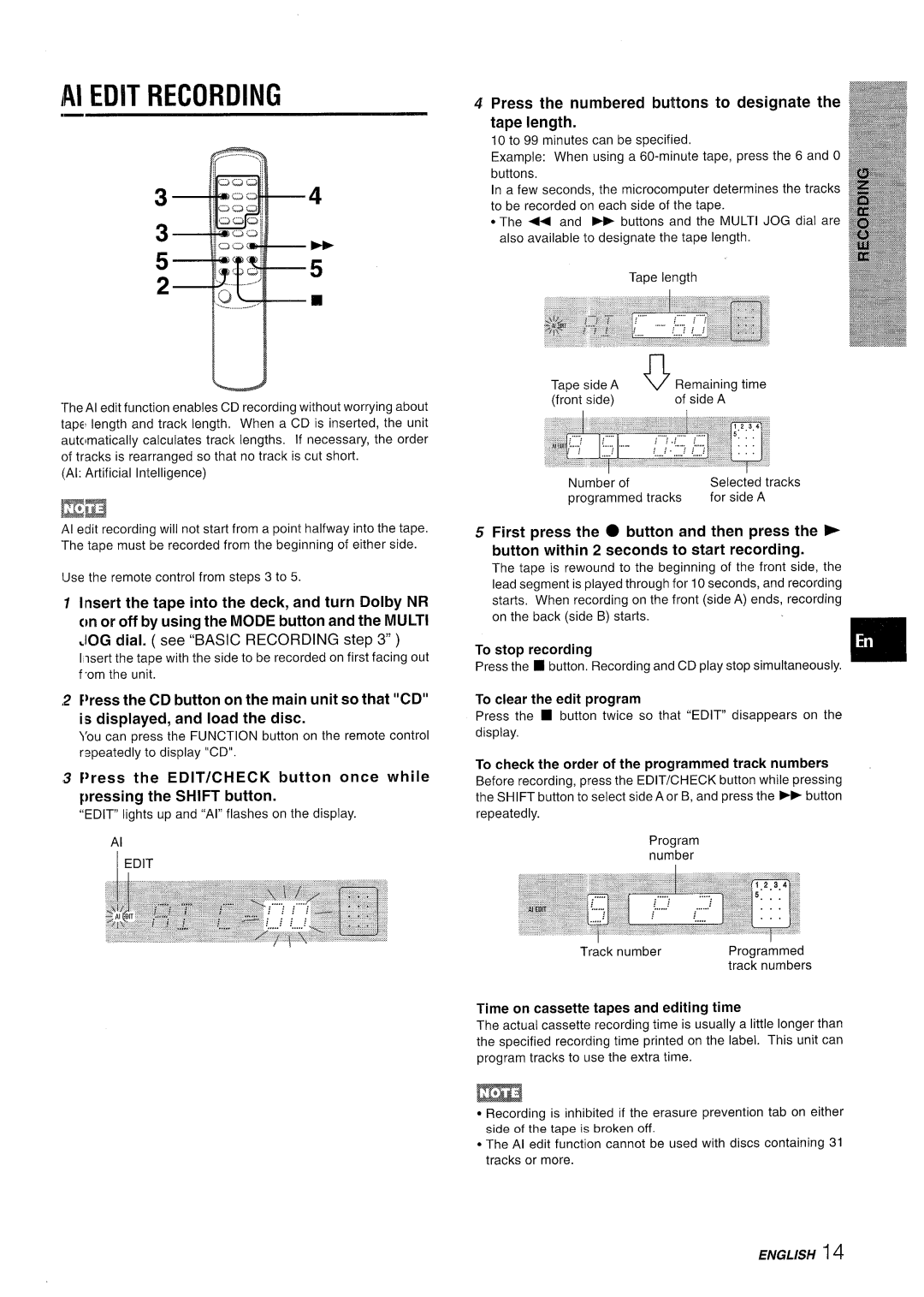 Aiwa XR-M35 manual Press the numbered buttons to designate Tape length, First press the @ button and then press 