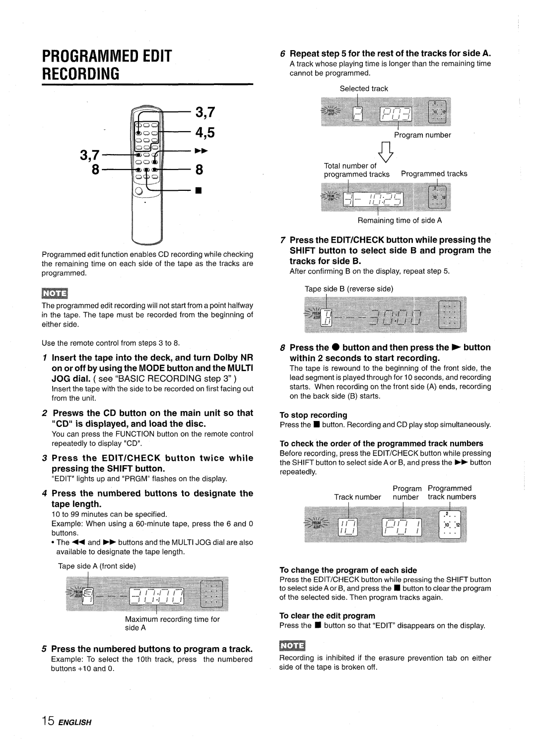 Aiwa XR-M35 manual Programmed Edit Recording, Repeat for the rest of the tracks for side a 