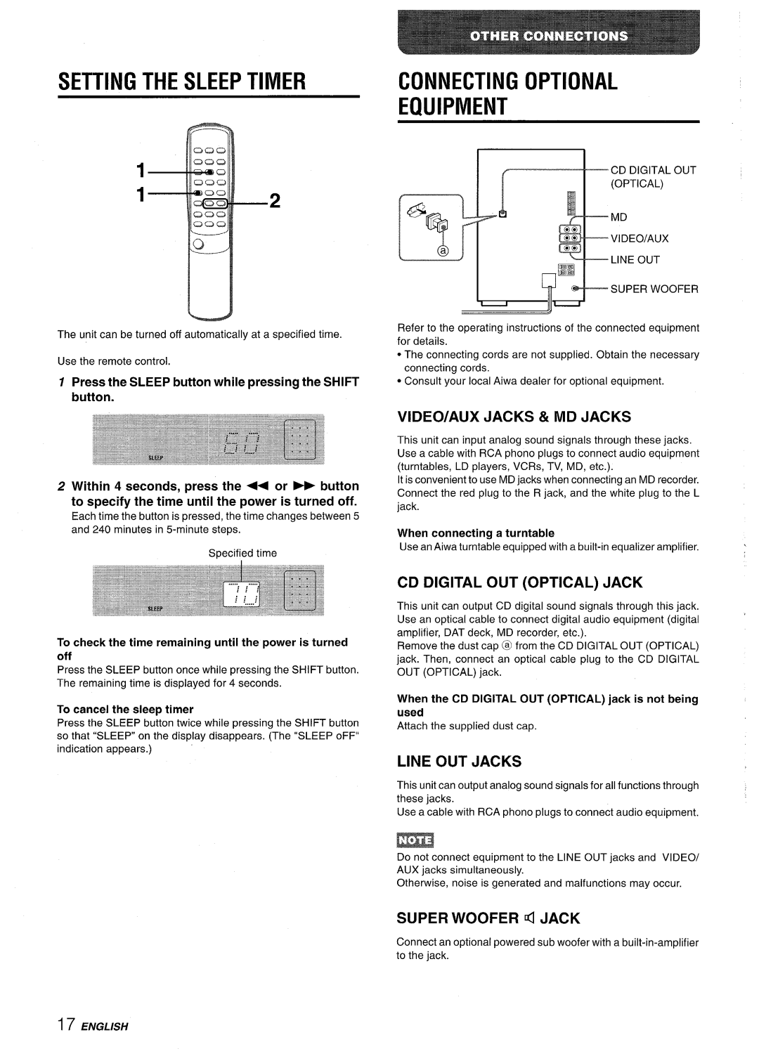 Aiwa XR-M35 manual Setting the Sleep Timer, Connecting Optional Equipment 