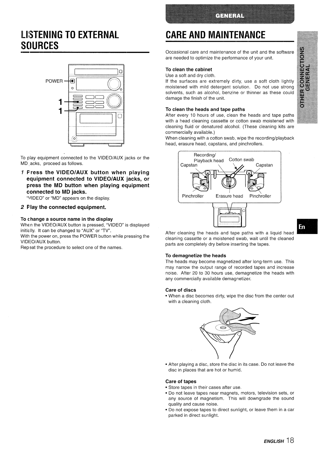 Aiwa XR-M35 manual Listening to External Sources, Care and Maintenance 