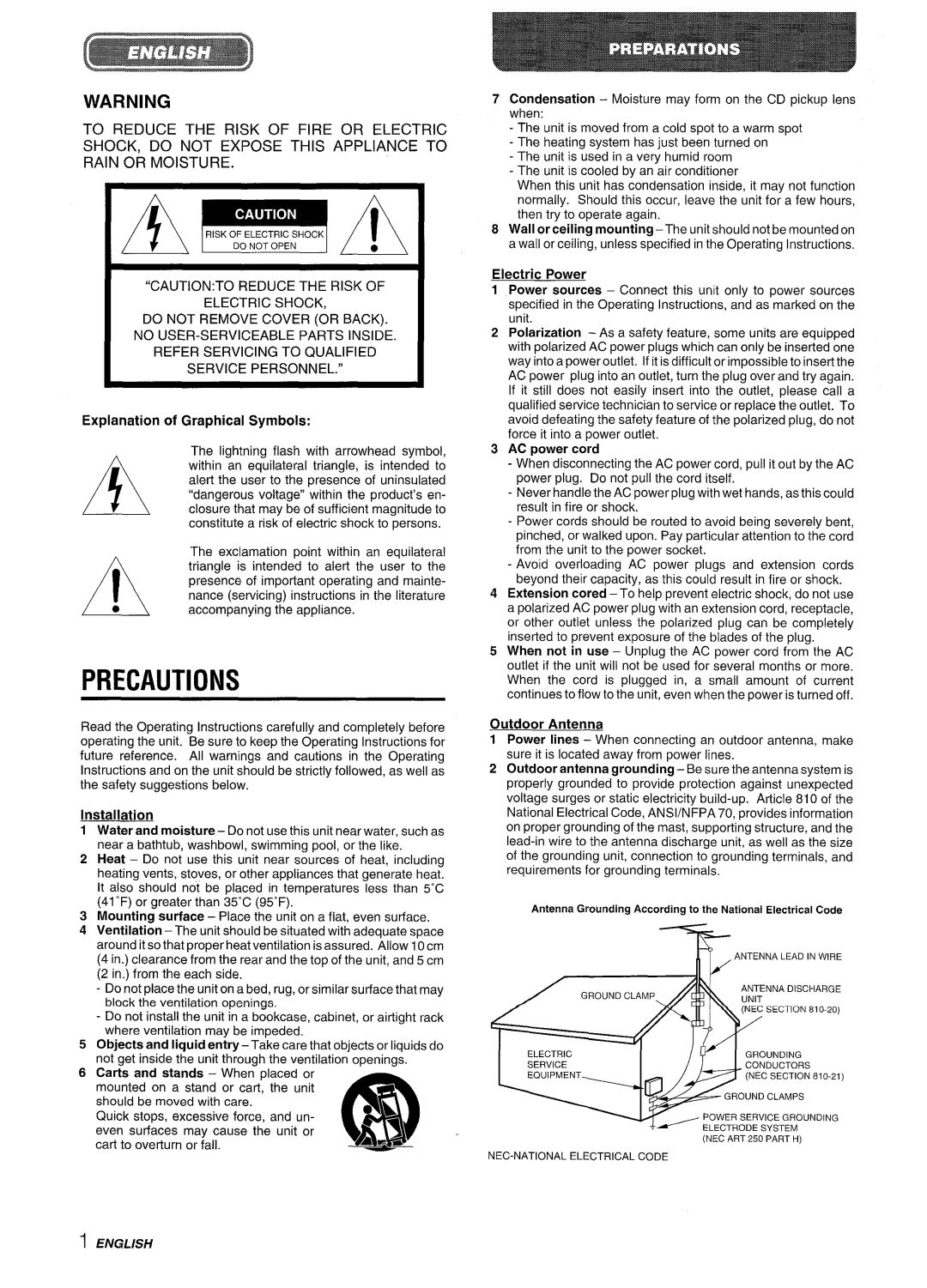 Aiwa XR-M35 manual Precautions, Electric Power, AC power cord, Outdoor Antenna 