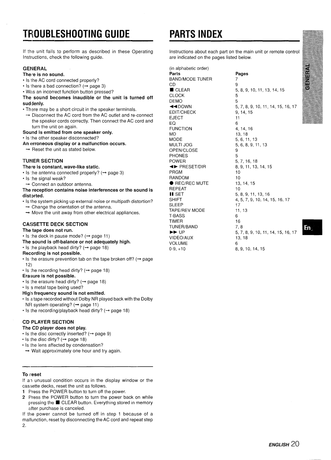 Aiwa XR-M35 manual Troubleshooting Guide, Parts Index 