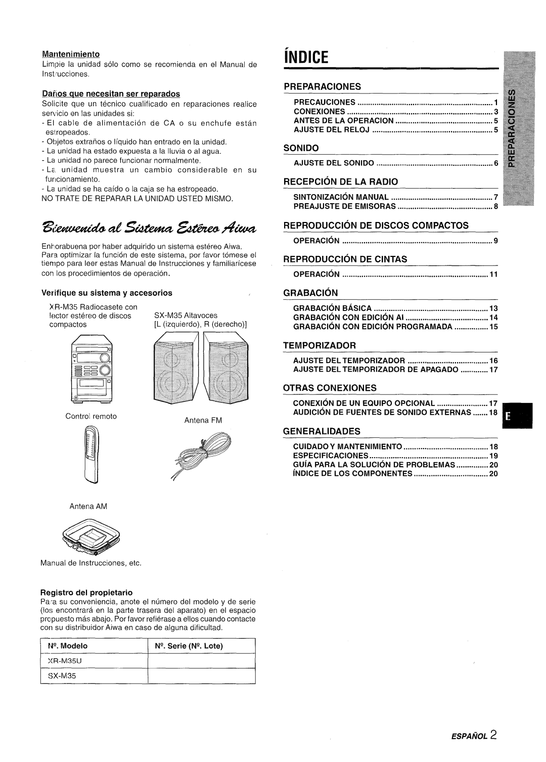 Aiwa XR-M35 manual Indice 