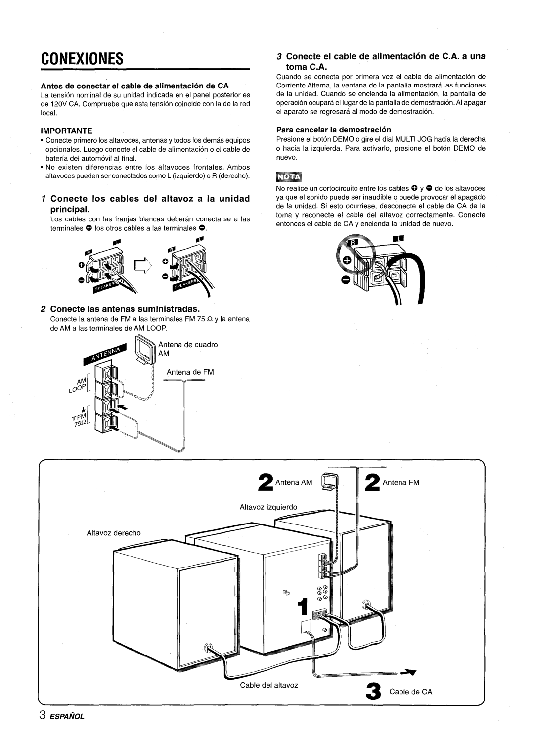 Aiwa XR-M35 manual Conexiones, Conecte el cable de alimentacion de C.A. a una, Conecte Ios cables del altavoz a la unidad 