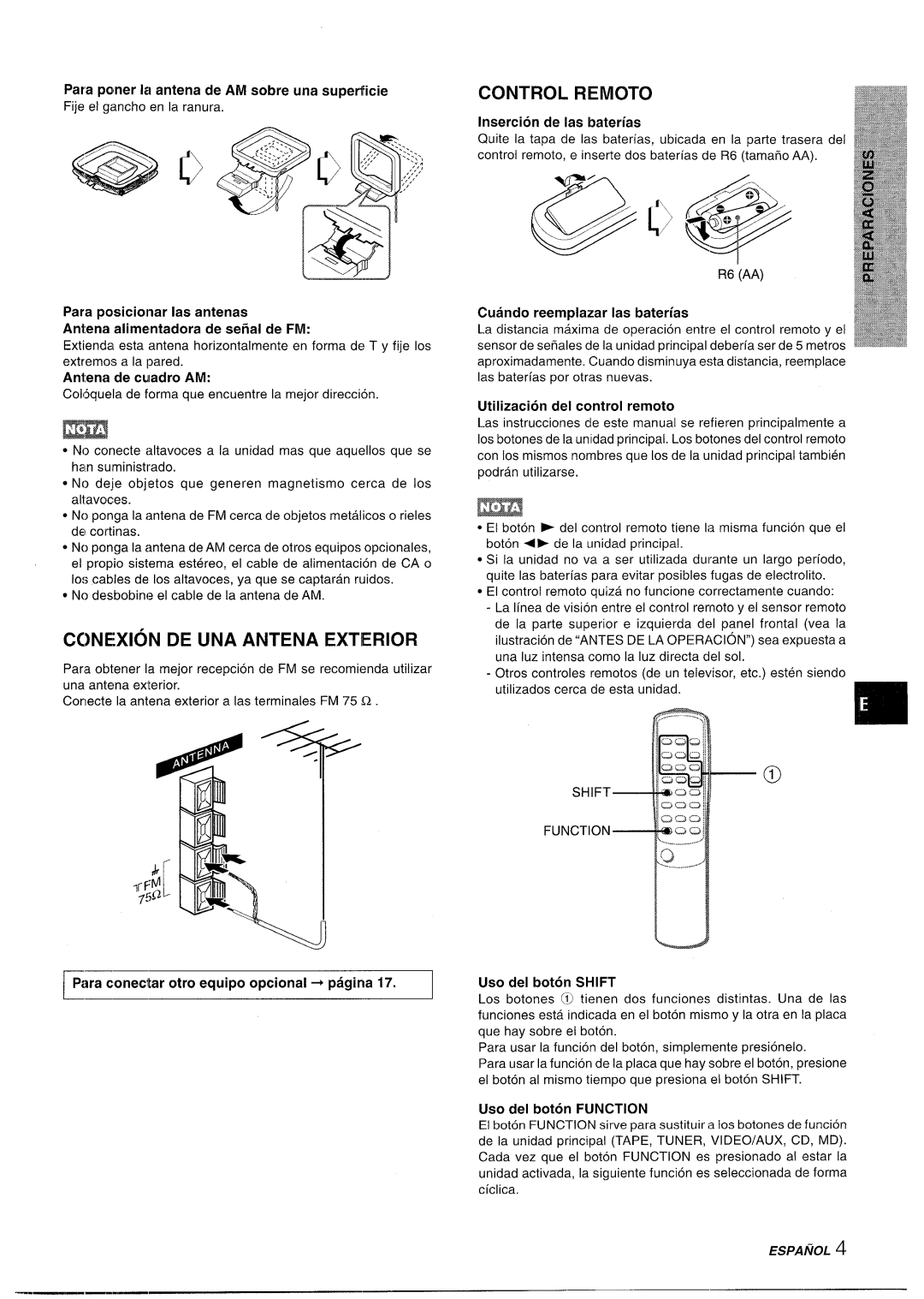 Aiwa XR-M35 manual Ccnexion DE UNA Antena Exterior, Control Remoto, Para conectar otro equipo optional + pagina 