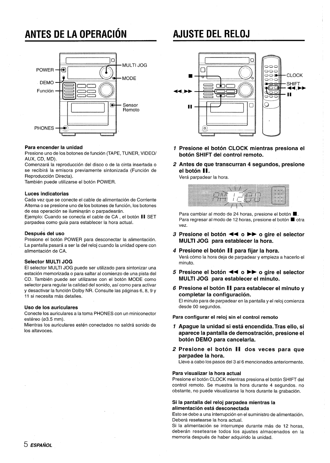 Aiwa XR-M35 manual Antes DE LA Operacion, DEL Reloj 