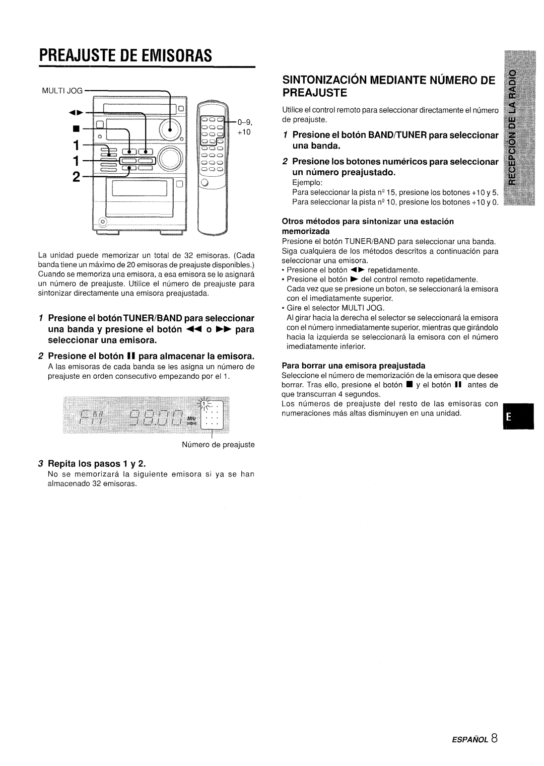 Aiwa XR-M35 Preajuste DE Emisoras, Sintonizacion Mediante Numero DE Preajuste, Para borrar una emisora preajustada, +10 