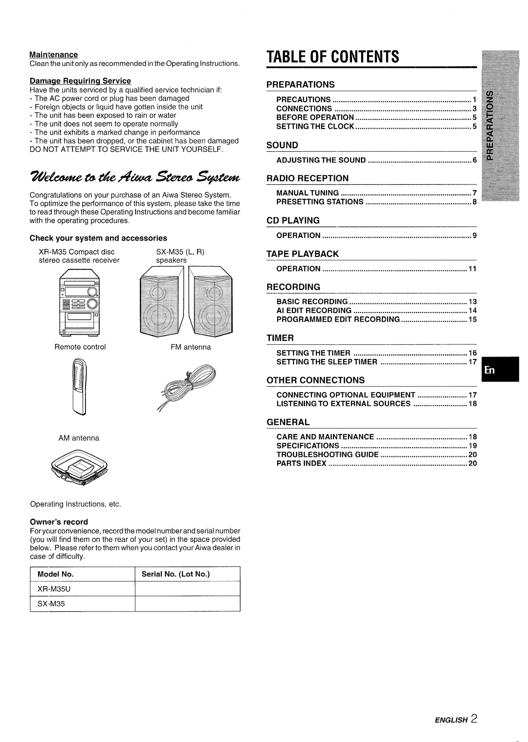 Aiwa XR-M35 manual 7t%&u#waAv#&uashf?tzsm, Table of Contents 