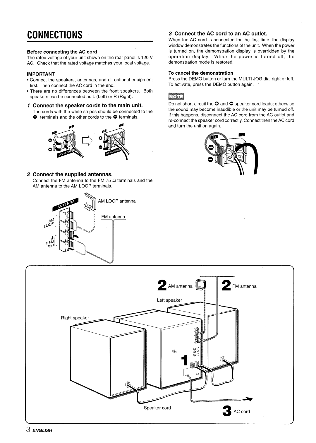 Aiwa XR-M35 Connections, Before connecting the AC cord, Connect the AC cord to an AC outlet, Connect the supplied antennas 