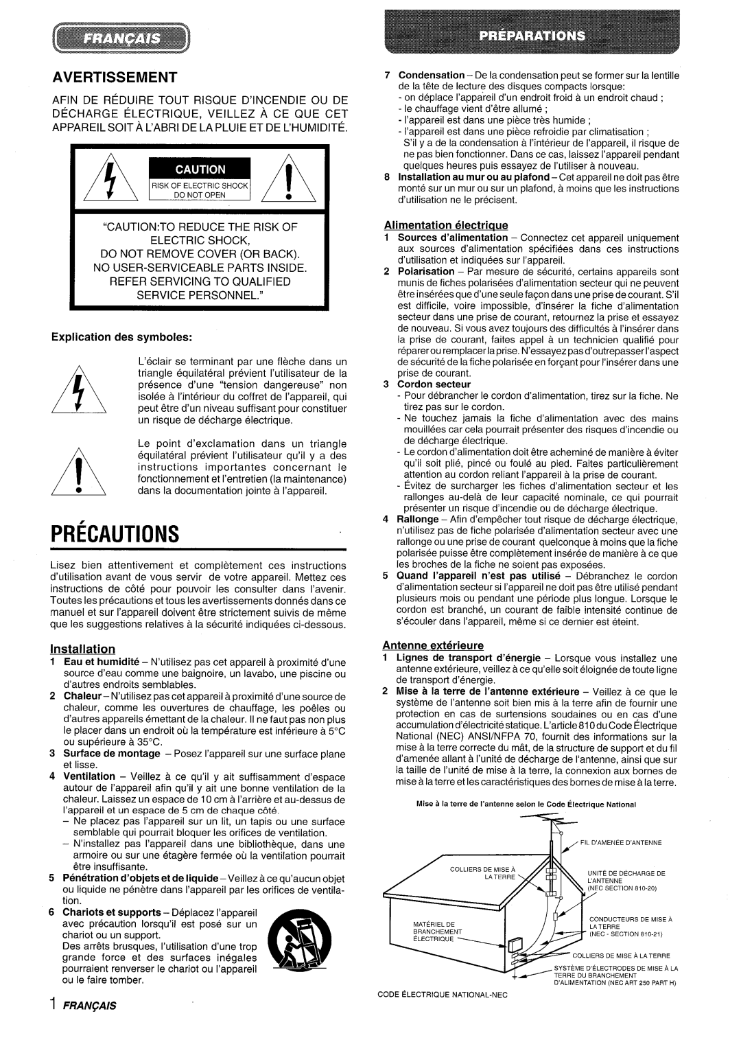 Aiwa XR-M35 manual Avertissement, Explication des symboles, Installation, Alimentation electriaue, Antenne exterieure 