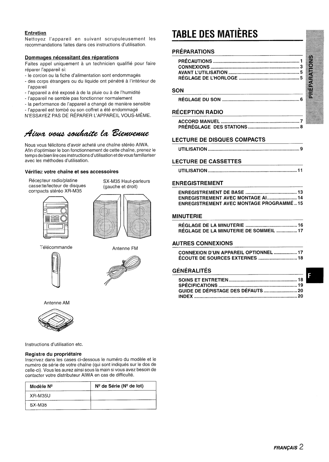 Aiwa XR-M35 manual DES Matieres 