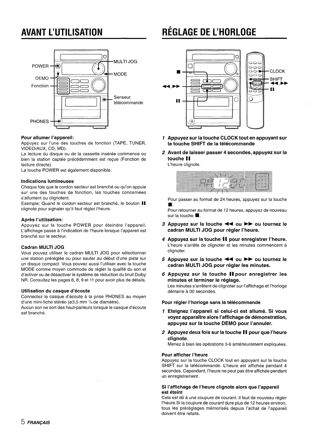 Aiwa XR-M35 manual Avant L’UTILISATION, Reglage DE L’HORLOGE 