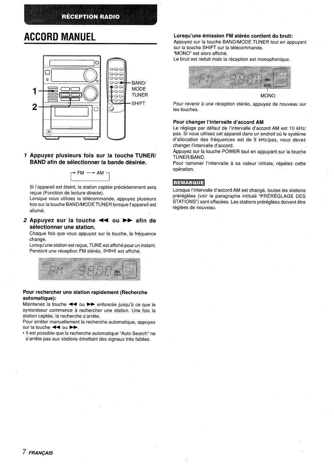 Aiwa XR-M35 manual Accord Manuel, Pour changer I’intervalle d’accord AM 