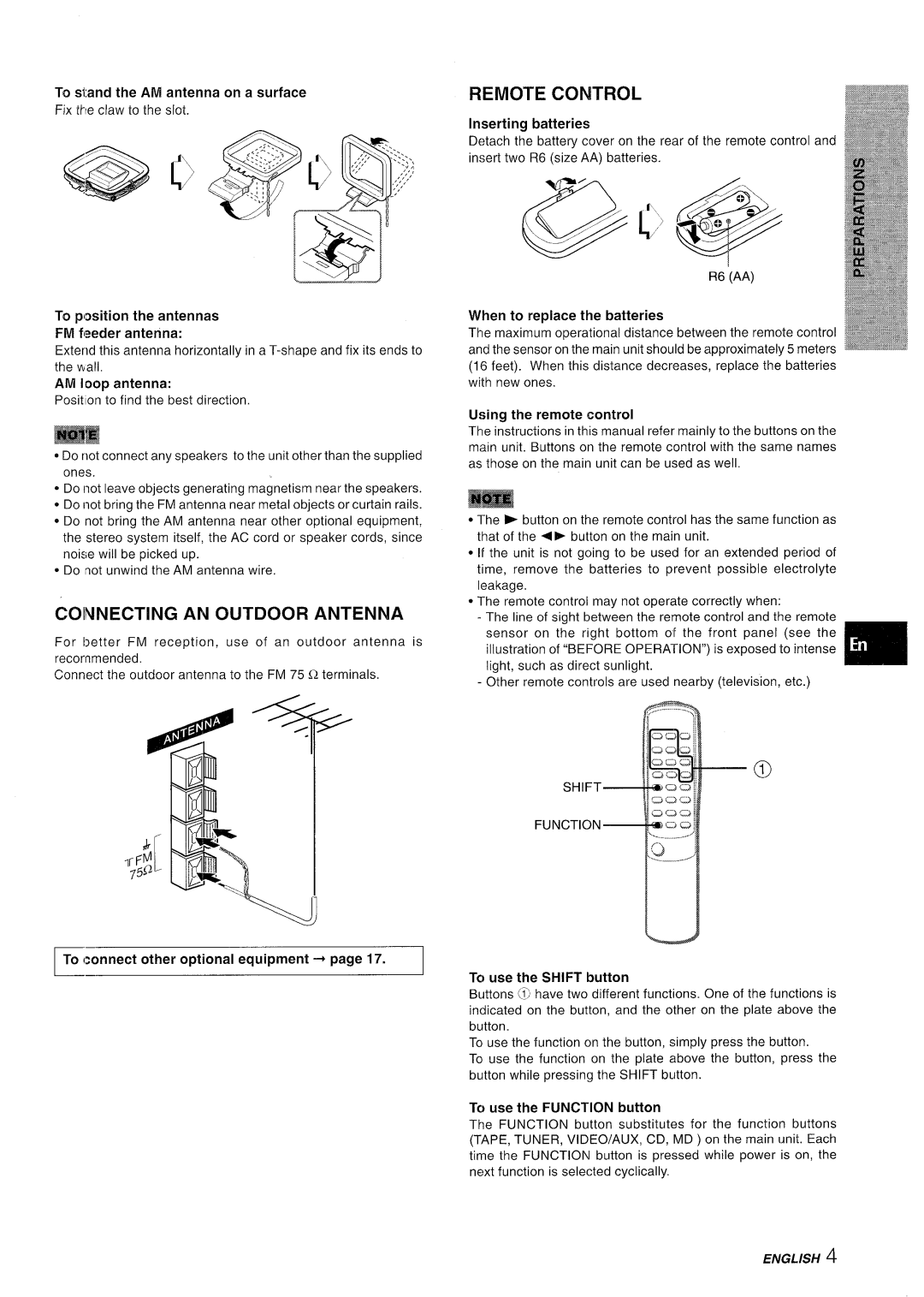 Aiwa XR-M35 manual Connecting AN Outdoor Antenna, Remote Control 