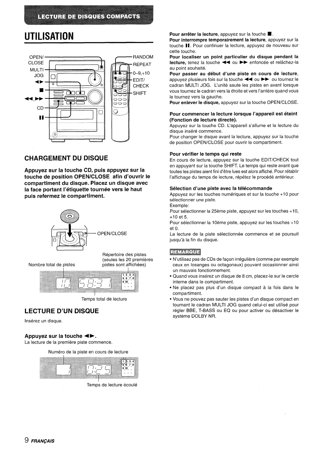 Aiwa XR-M35 manual Utilisation, Chargement DU Discwe, Lecture D’UN Disque, Appuyez sur la touche F 