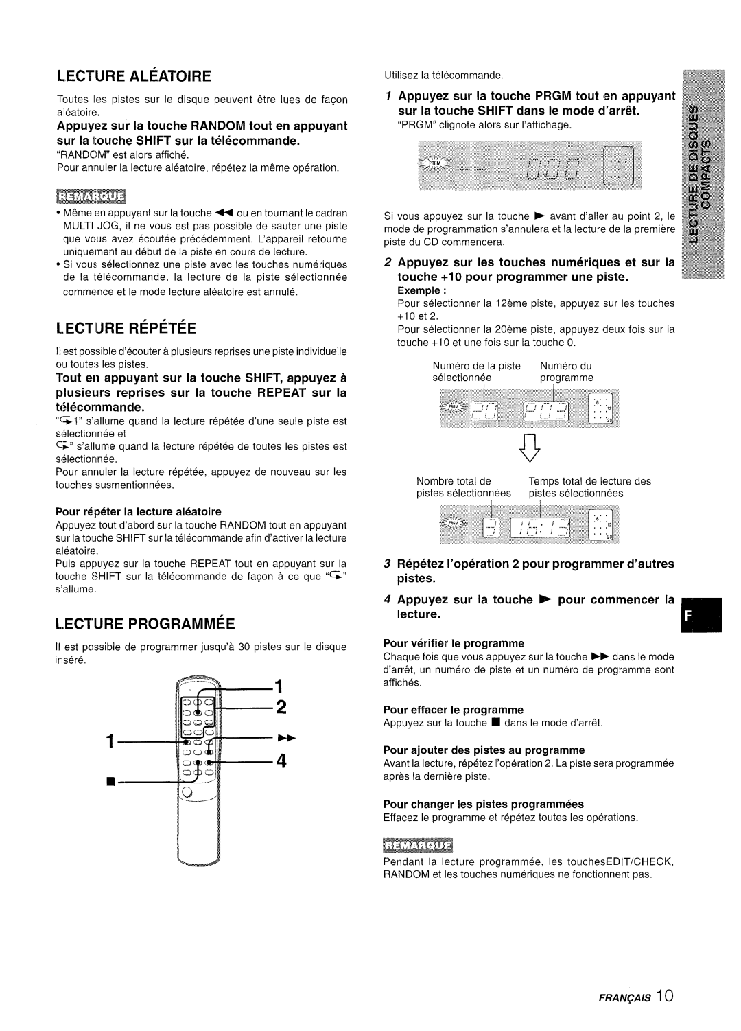 Aiwa XR-M35 Lecture Aleatoire, Lecture Repetee, Ectijre Programmed, Appuyez sur la touche ~ pour commencer la lecture 