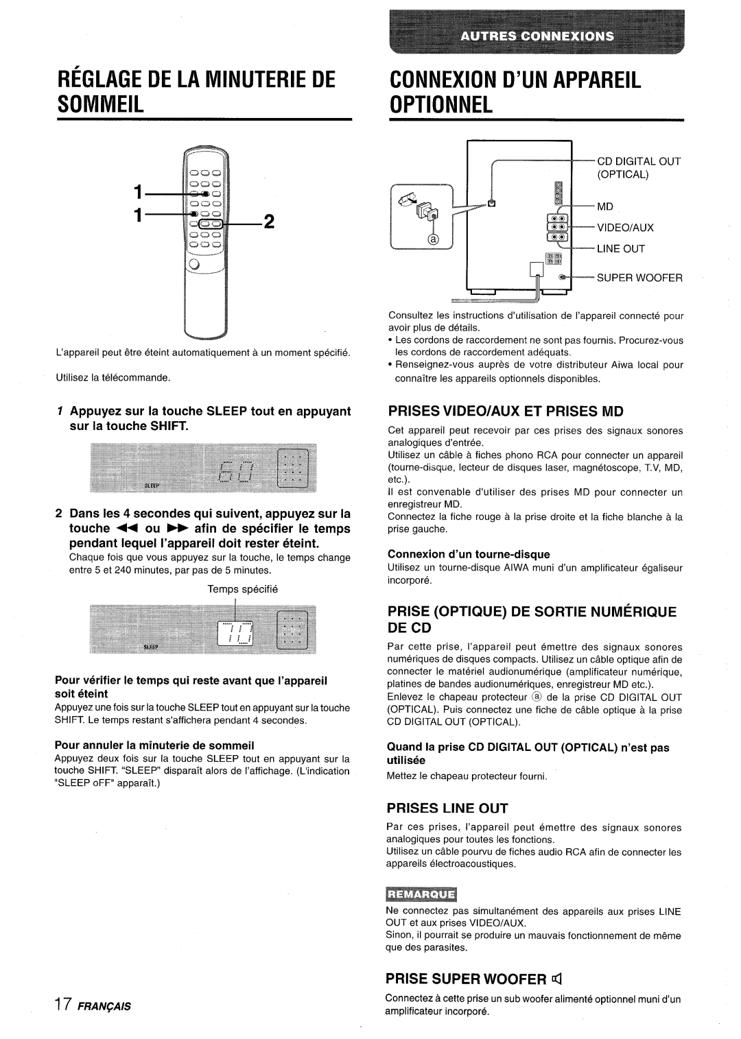 Aiwa XR-M35 manual Reglage DE LA Minuterie DE, Sommeiloptionnel, Prises VIDEO/AUX ET Prises MD, Prises Line OUT 