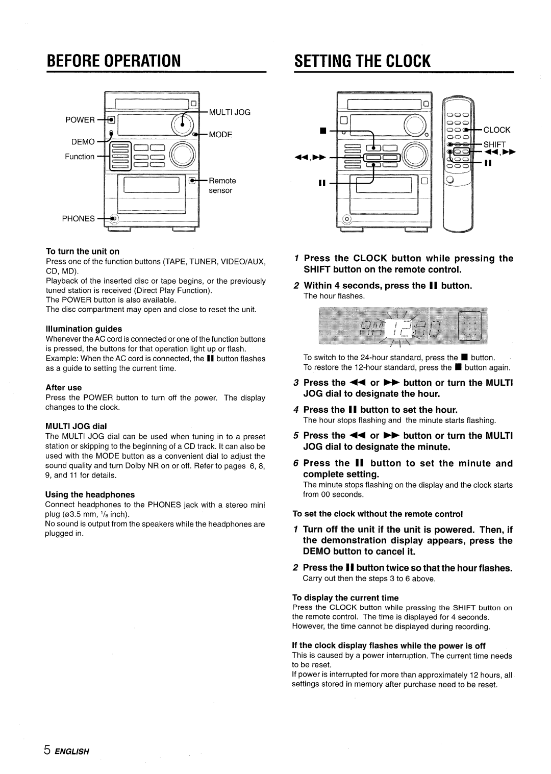 Aiwa XR-M35 manual Before Operation, Setting the Clock, Using the headphones, To display the current time 