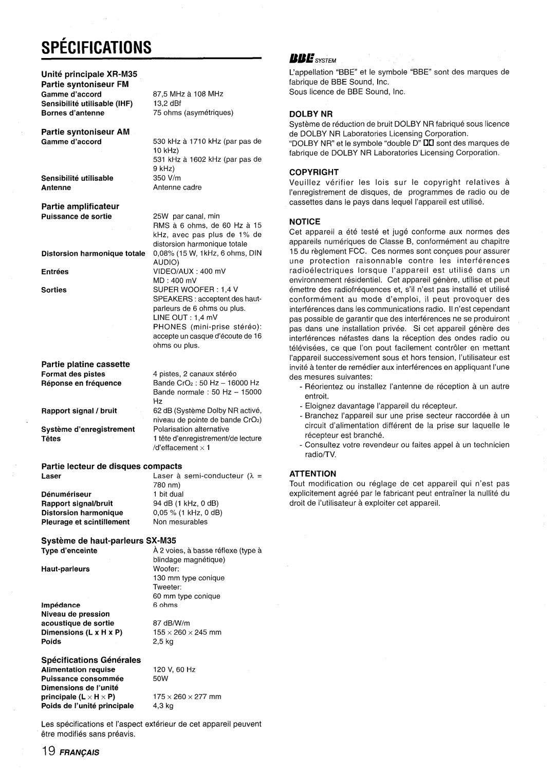 Aiwa XR-M35 manual Specifications, Partie Iecteur de disques compacts Laser 