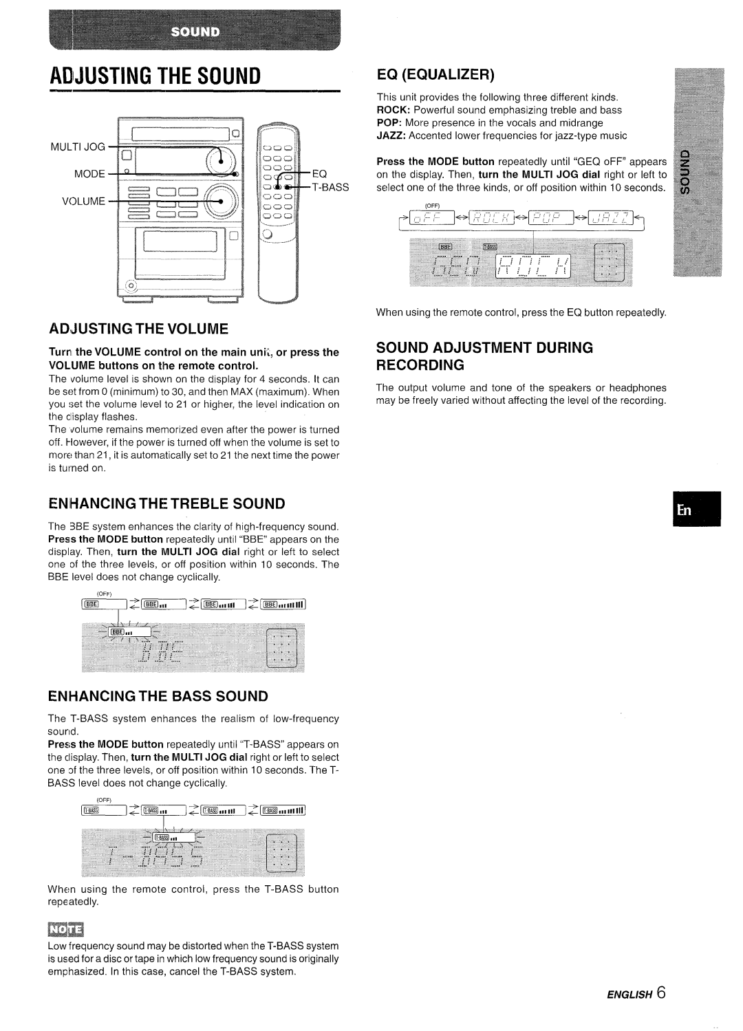 Aiwa XR-M35 manual EQ Equalizer, A13JUSTINGTHEVOLUME, Enihancing the Treble Sound, Sound Adjustment During Recording 