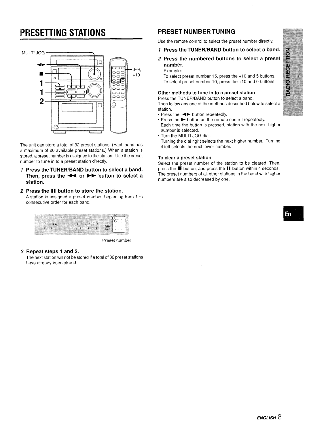 Aiwa XR-M35 manual Pfiesetting Stations, Preset Number Tuning, Repeat steps 1, Other methods to tune in to a preset station 