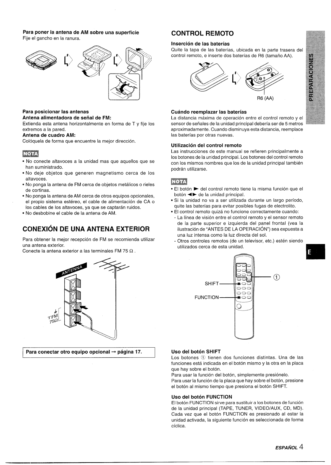 Aiwa XR-M35 manual Ccnexion De Una Antena Exterior, Control Remoto, Para conectar otro equipo optional + pagina, Espanol 
