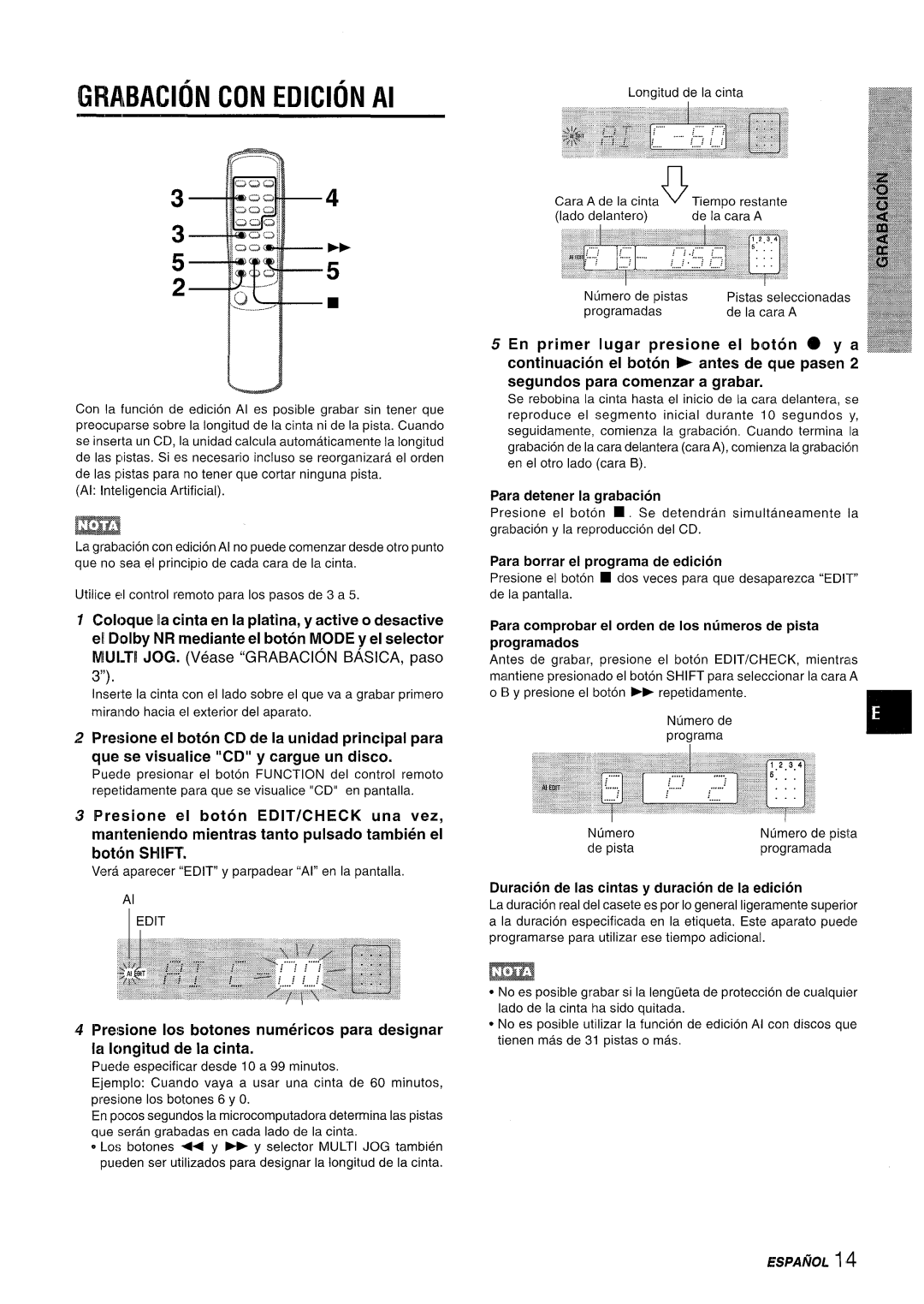 Aiwa XR-M35 manual GRABACION CON EDICION Al, Presione el boton CD de la unidad principal para, bot6n SHIFT, ESPAflOL 