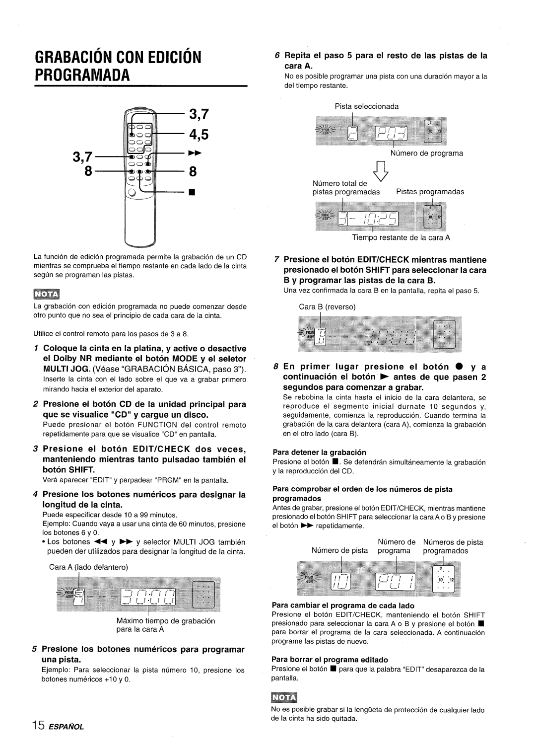 Aiwa XR-M35 manual Grabacion Con Edicion Programada, 3,7 4,5 3,7M, continuation el boton E antes de que pasen, ESPAfiOL 