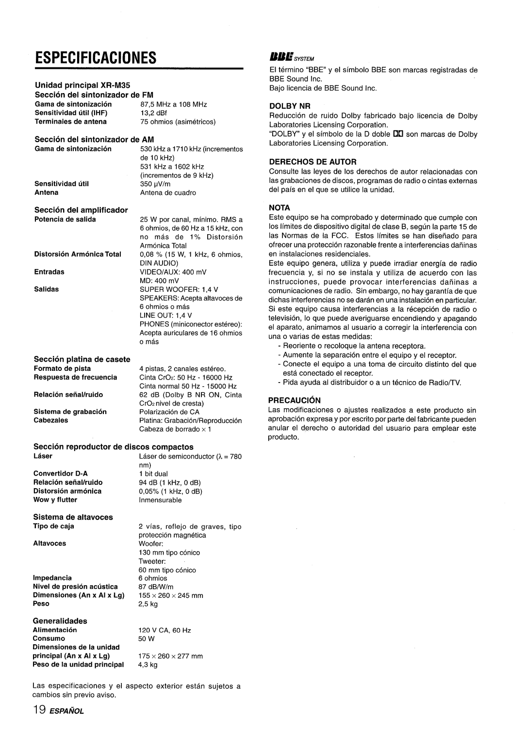 Aiwa Especificaciones, Unidad principal XR-M35, Seccion del sintonizador de FM, Gama de sintonizacion, Formato de pista 
