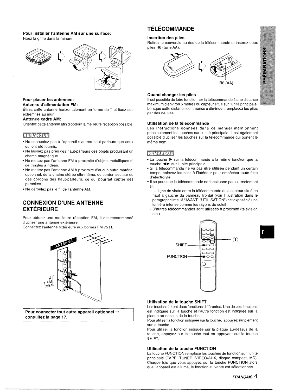 Aiwa XR-M35 manual TkLECOMMANDE, CONNEX1ON D’UNE ANTENNE EX@RIEIJRE, Pour installer l’antenne AM sur une surface 