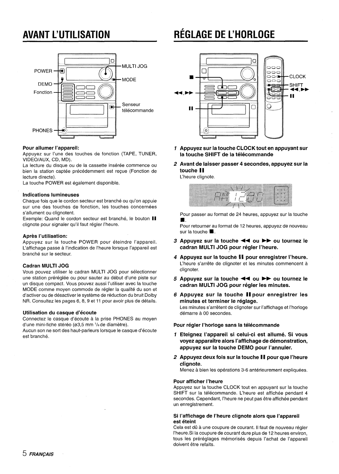Aiwa XR-M35 Avant L’Utilisation, Reglage De L’Horloge, Pour aliumer I’appareil, Indications Iumineuses, Cadran MULTI JOG 