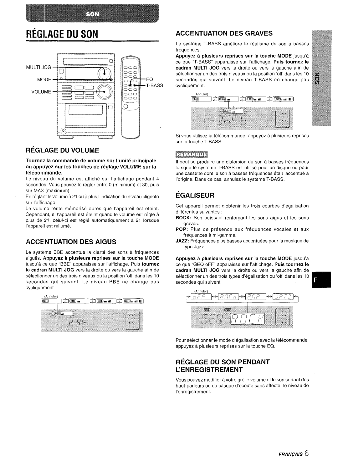 Aiwa XR-M35 manual Reglage In Son, Reglage Du Volume, Accentuation Des Aigus, Accentuation Des Graves, Egaliseur, Franqals 