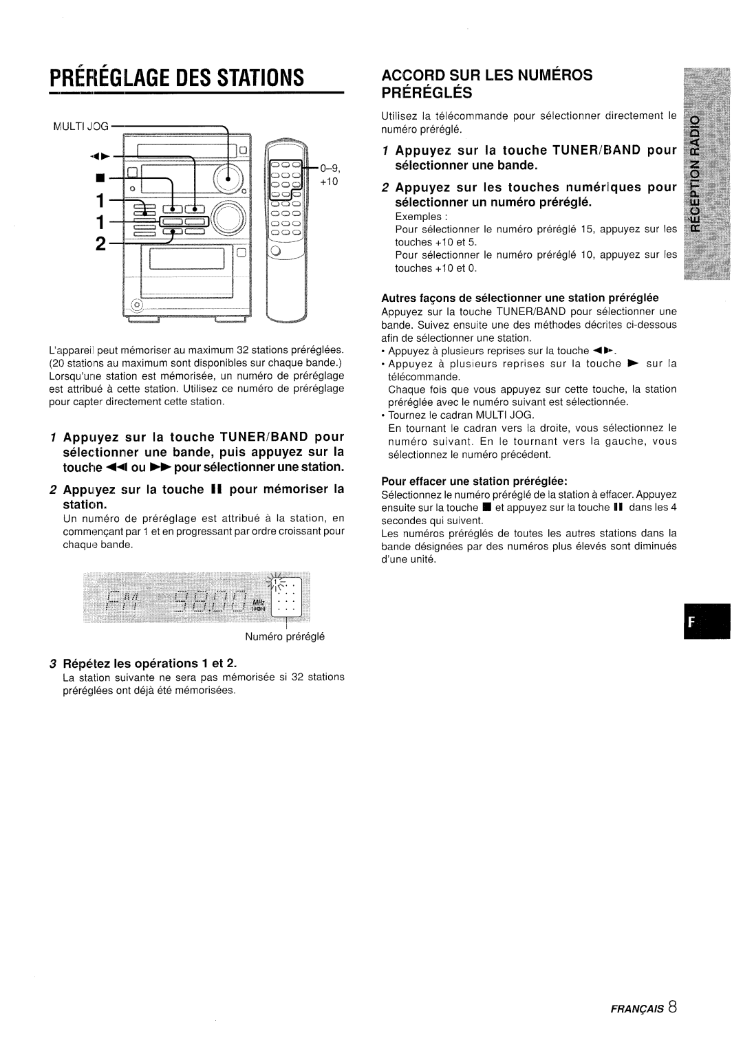 Aiwa XR-M35 manual PRfF1~GLAGE DES STATIONS, ACCORD SUR LES NUMEROS PRkREGLES, seleclionrner une bande, puis appuyez sur la 