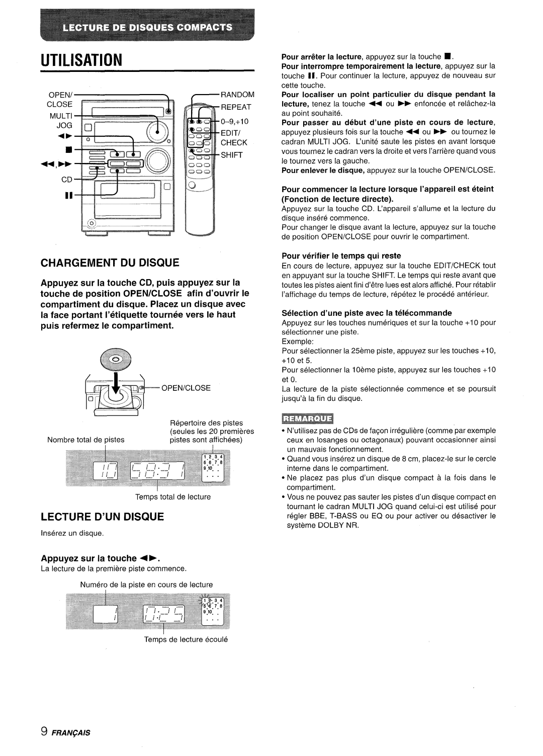 Aiwa XR-M35 manual Utilisation, Chargement Du Discwe, Lecture D’Un Disque, Appuyez sur la touche CD, puis appuyez sur la 