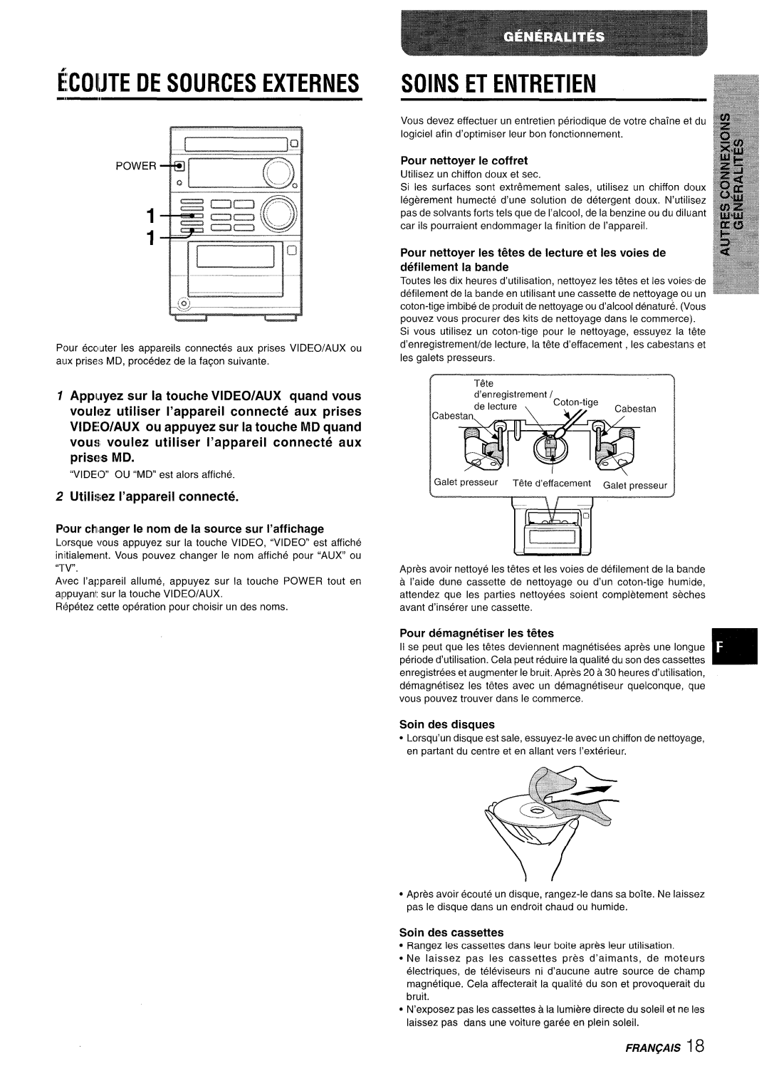 Aiwa XR-M35 manual FCOIMTE DE sOURcEs EXTERNES, Utilisez I’appareil connecte, Soin des disques, Soin des cassettes 